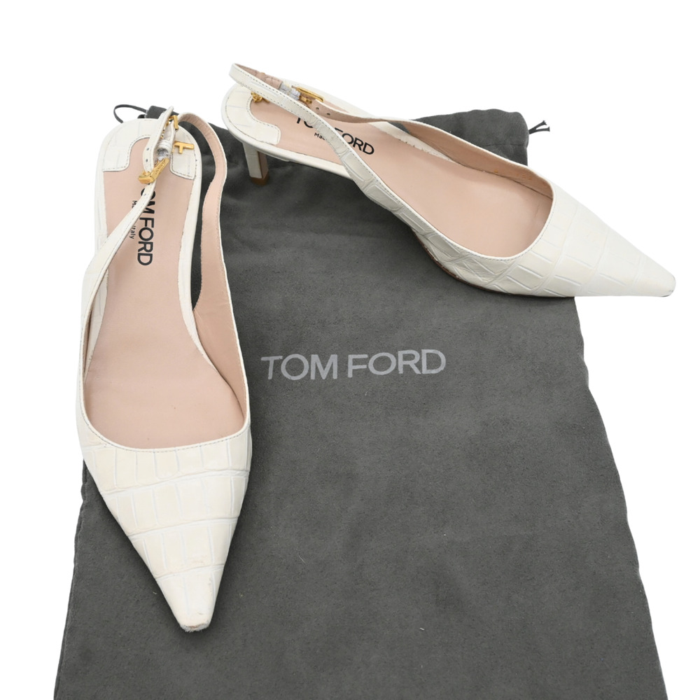 Tom Ford Cream Croc-Embossed Leather Slingback Heels Size 36.5